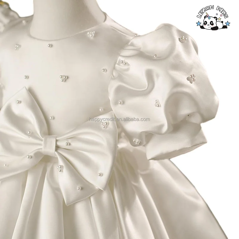 LEZONKIDS - Vestido de Seda Branco para Crianças com Mangas Folhadas e Enfeites de Cristal para Festas e Aniversários